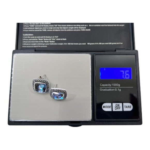 Sterling Silver 925 Abalone & Marcasite Pierced Earrings Signed KTH, 7.6 grams - Picture 5 of 9